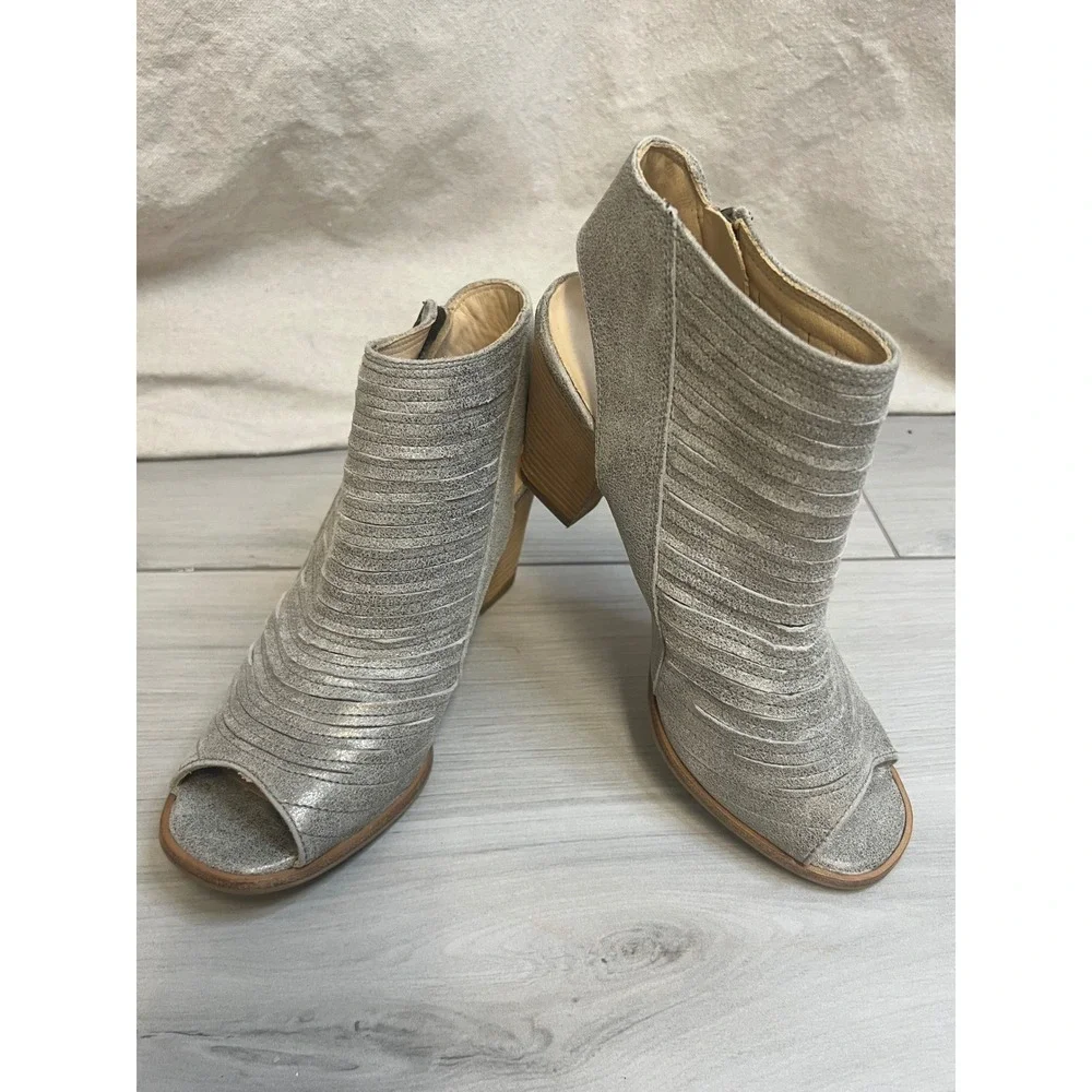 Paul Green Peep Toe Boots Silver Metallic Leather Sz 5.5 Slingback Comfort